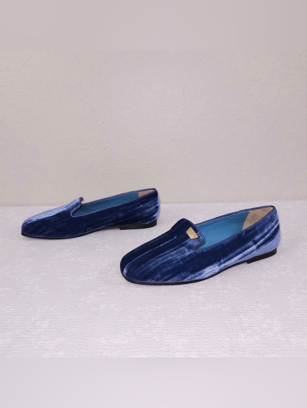 New! Valentina Rangoni Blue Velvet Leather Flats Slip-On Loafers ITALY